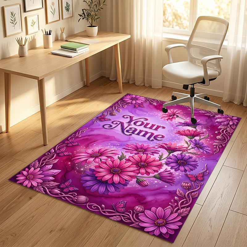 Floral Garden Theme Crystal Velvet Rug Personalized Custom Name Text Soft Floor Mat Home Decor
