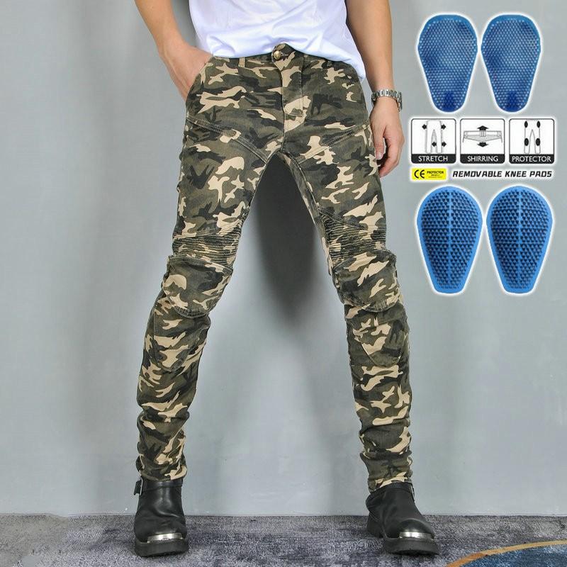 Mens Camouflage Motorcycle Jeans Slim Fit Stretch Motocross Riding Pants With Silicone Protectors