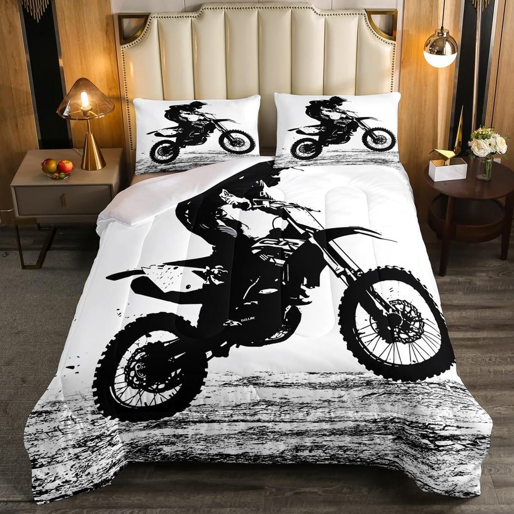 Erosebridal Teens Dirt Bike Comforter Set Twin Size, Motocross Rider Down Comforter for Kids Boys Adult Men, Motorbike Extreme Sport Bedding