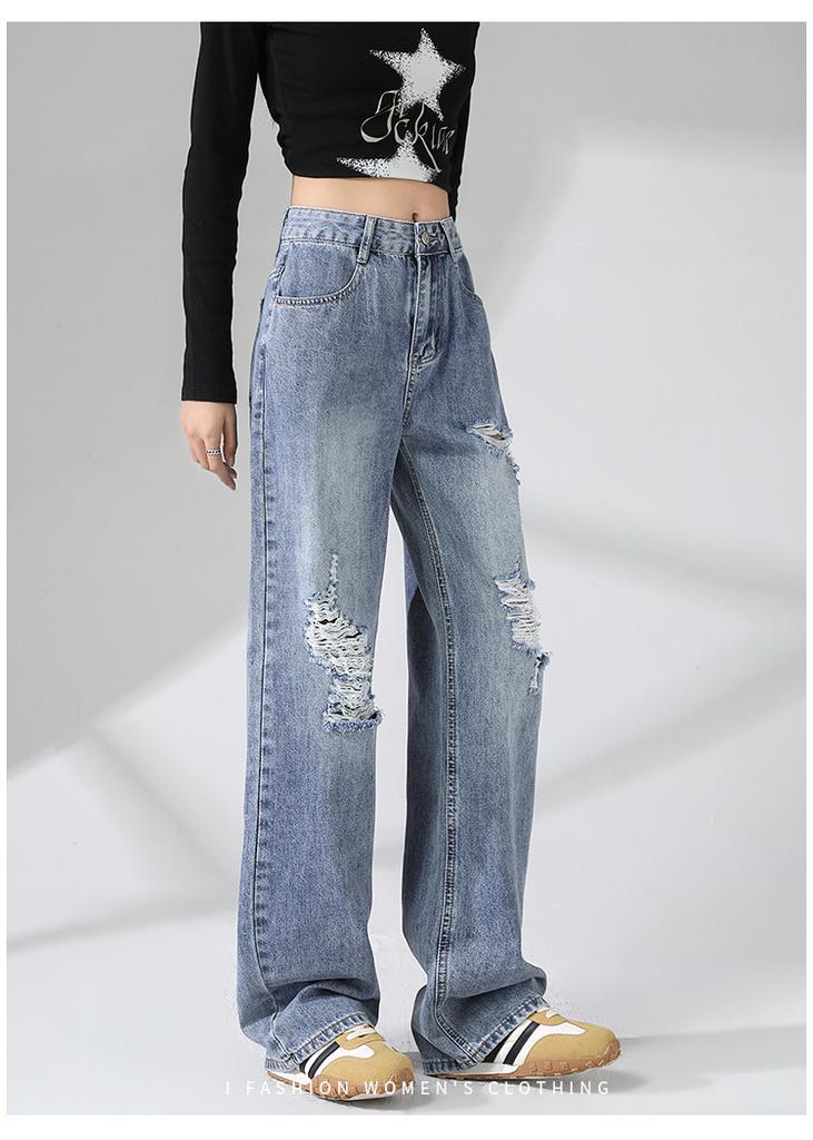 Spring and summer fashion ripped wide leg jeans with loose fit, high waist, slimming effect, retro fashion straight leg pants