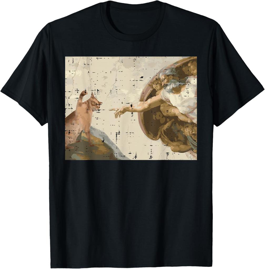 Creation Of Adam Cat Meme Art Graphic Tee Casual Short Sleeve Tshirt For Unisex