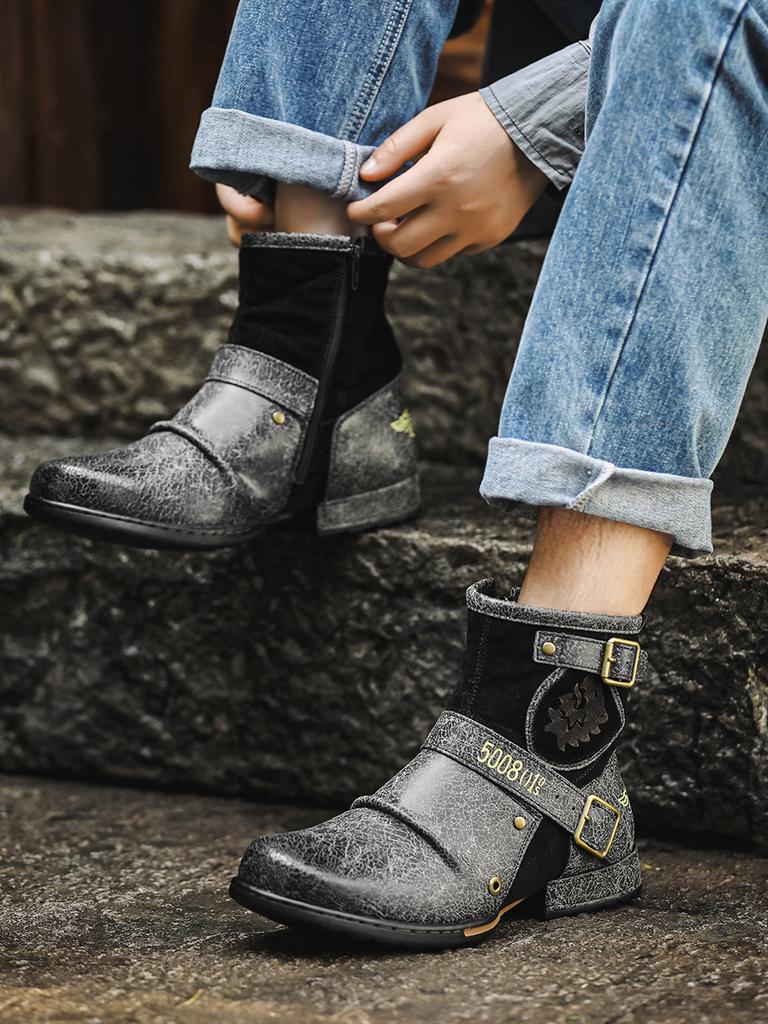 Мужские мотоботы с высоким голенищем из потрескавшейся кожи, боковая молния, металлическая отделка, ретро, рыцарские боты, водонепроницаемые, противоскользящие, осень 2025, новинка