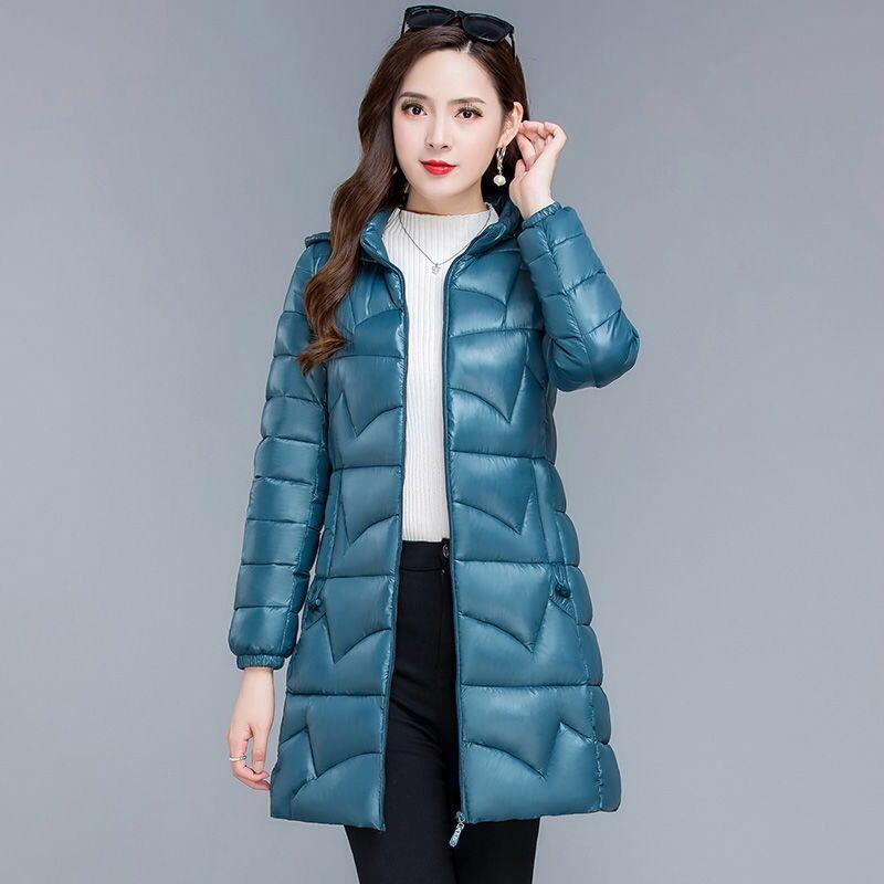 Легкая и тонкая пуховая хлопковая куртка, женская блестящая новая корейская версия, большая хлопковая куртка средней длины, облегающая повседневная хлопковая куртка с капюшоном