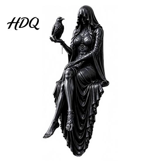 Черная смоляная статуэтка 3D-печать/Смоляная фигурка женщины в капюшоне для книжной полки Готическая сидящая скульптура