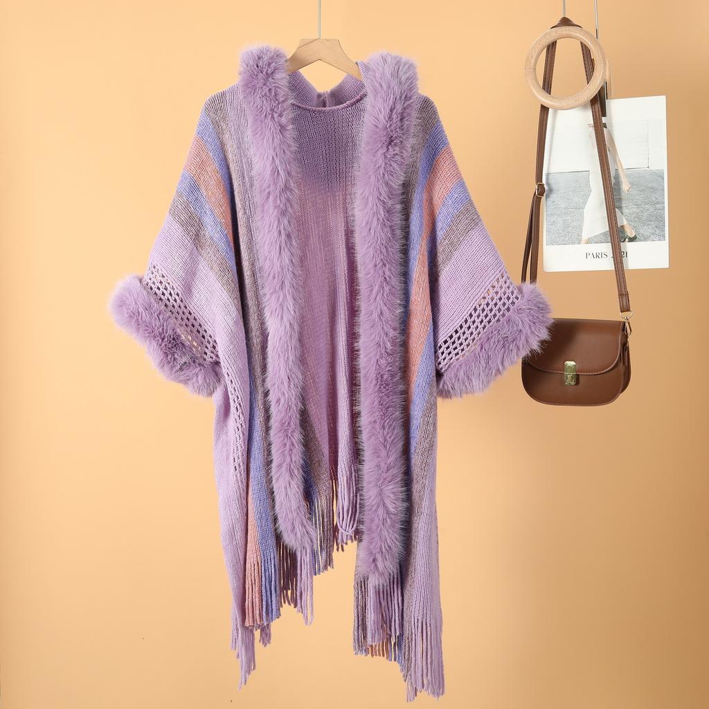 New Ethnic Style Fur Collar Hooded Knit Sweater Shawl Women's Spring and Autumn Knitted Cape Cape with Sleeves