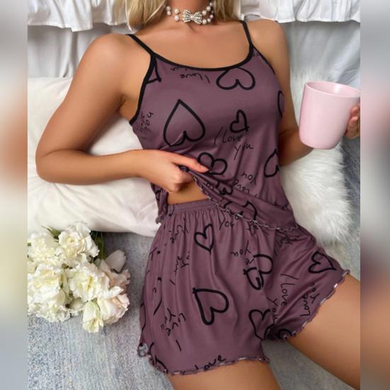 Женский пижамный комплект из 2 шт./компл. с принтом в виде сердца и гофрированными гофрированными бретельками без рукавов с эластичной резинкой на талии, мягкий шелковистый комплект домашней одежды с верхом и шортами