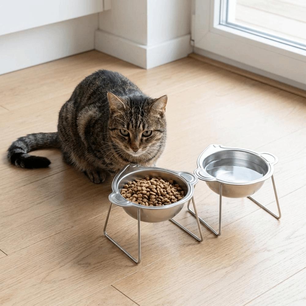Stainless Steel Elevated Pet Bowl 15 Degree Inclined Pet Feeder Container Wet Dry Food