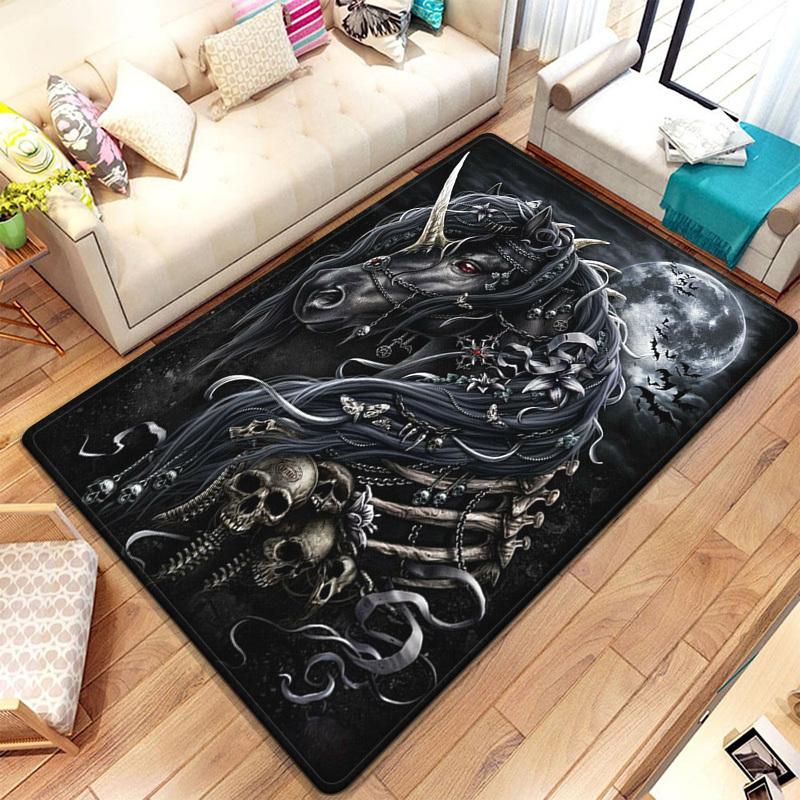 Dark unicorn skull rug gothic fantasy art carpet mystical horse moon night sky horror room decor black magic theme