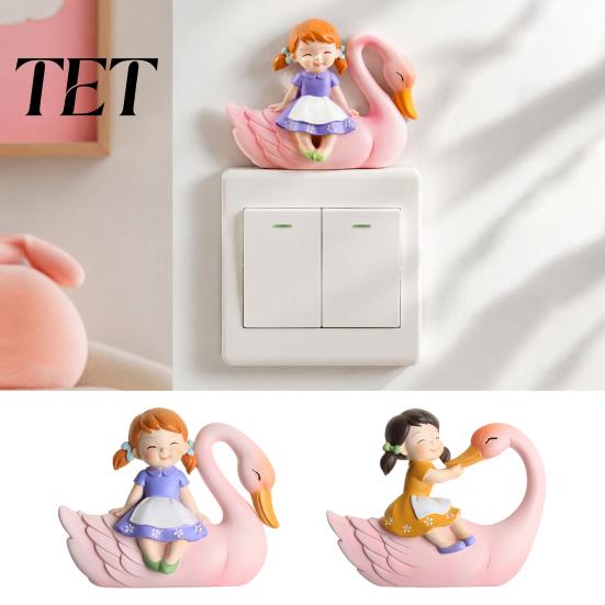 Desktop Ornament Decor 3D Resin Switch Stickers, Wall Fairy Tale Girl on Swan Decor, Bedroom Decoration Peel & Stick Light Sticker for Kids
