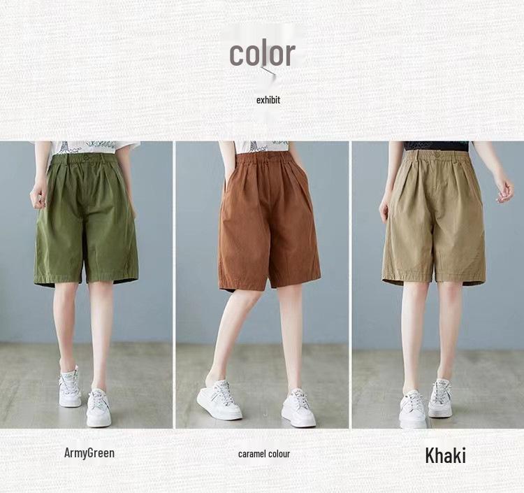 Women's Trendy Cotton Casual Loose-Fit Elastic Waist Shorts - Solid Color, Plus Size, Summer Style