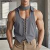 Men Summer Choker Neck Sleeveless Front Bandage Tank Tops