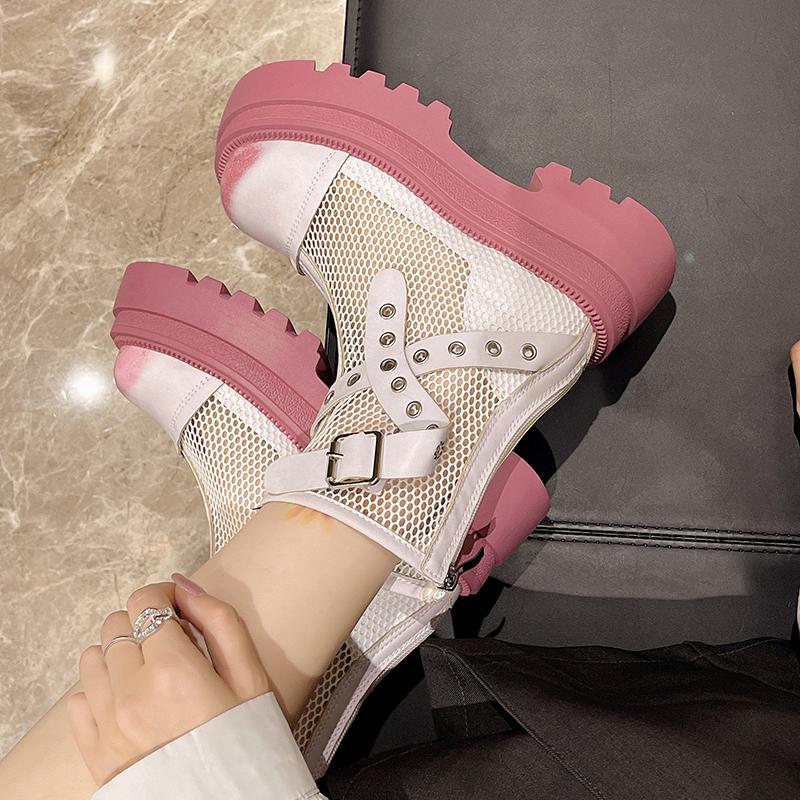 Модные ботильоны на блочном каблуке с охлаждением, осенние новинки, с круглым носком, панельные, из сетки, с заклепками, с пряжкой, на молнии сзади, на платформе, короткие ботильоны