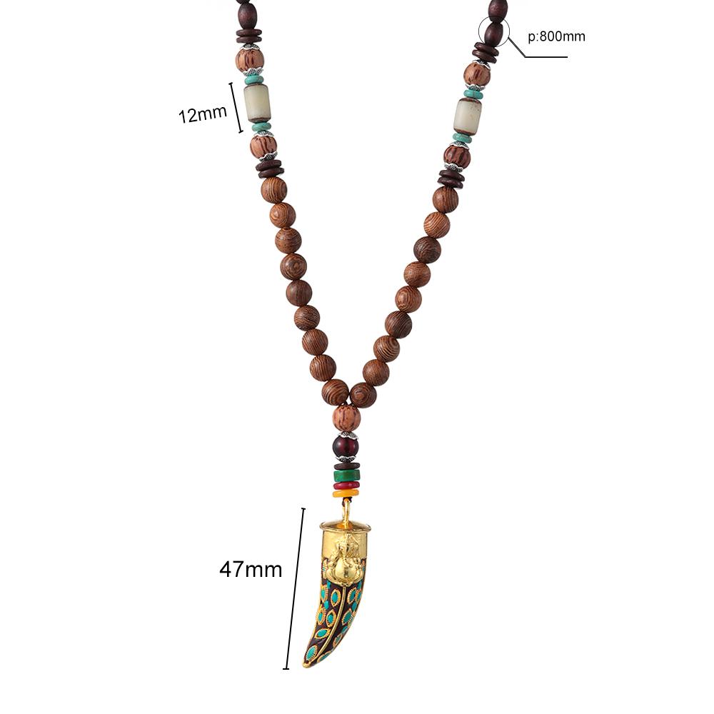 Boho Ethnic Jewelry Lucky Gift Party Mala Wood Bead Buddhist Horn Fish Pendant Nepal Necklace