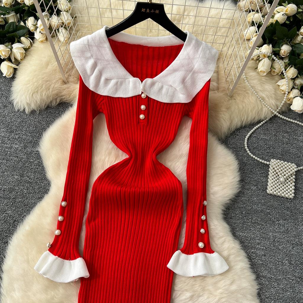 Весна Осень Женский Сладкий Вязаный Свитер с Воротником Питер Пэн Длинные Миди Приталенные Платья Русалки