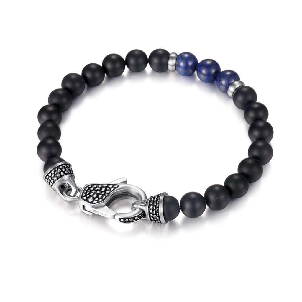 MATT STONE BRACELET   8mm Matt Onyx Stone Bead Bracelet with Reptile Design Lobster Lock, Blue Lapiz Stones