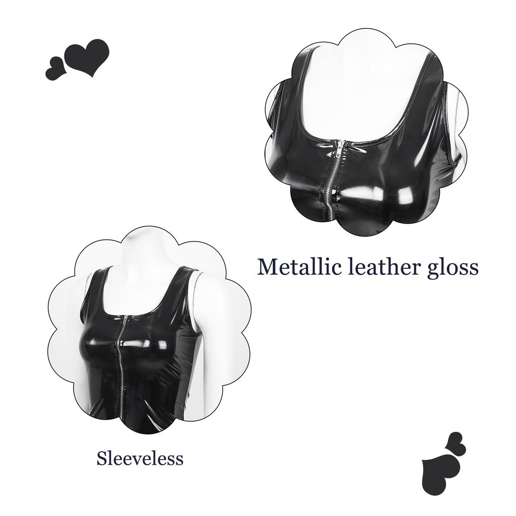 Womens Fashion Zipper Patent Leather Tank Top Wet Look Clubwear Festival Clothing Pole Dance Rave Outfit