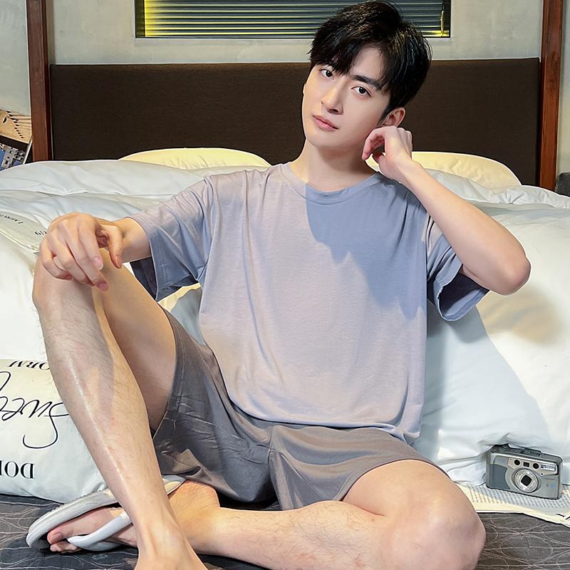 Летняя мужская пижама с коротким рукавом, модальный тонкий толстый повседневный свободный студенческий домашний костюм для молодых мальчиков, пижама Homme