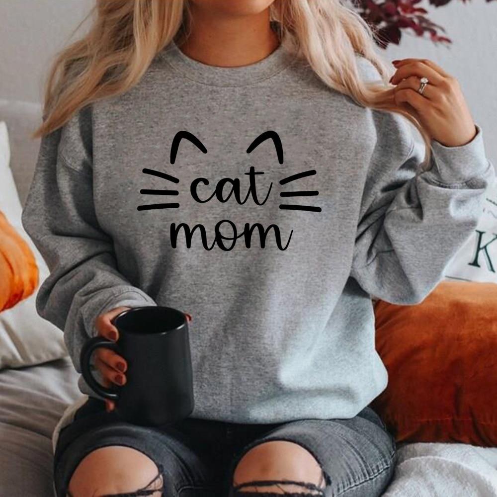 Толстовка Cat Mom Толстовки Cat Mama Подарок Cat Mom Женские толстовки с графическим рисунком Пуловеры с круглым вырезом с длинными рукавами Женский уличный топ