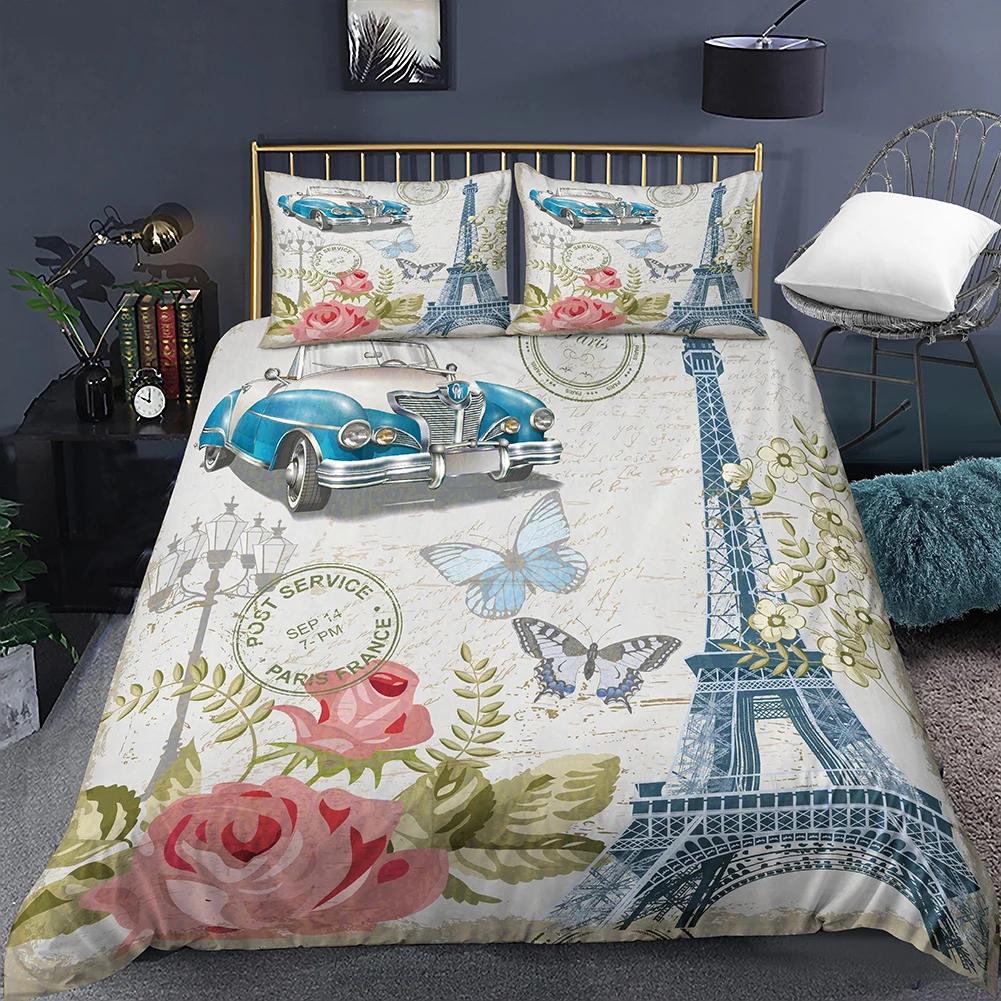 Пододеяльник «Эйфелева башня» Романтичный Современный Городское здание Парижа Красный и Синий Пододеяльник для пары Аксессуары Декор для девочки-подростка