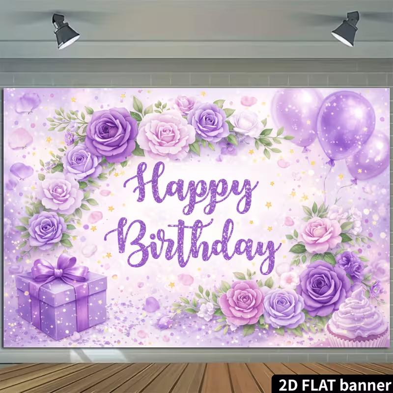 2D Purple Rose Happy Birthday Backdrop Floral Balloon Party Photo Background