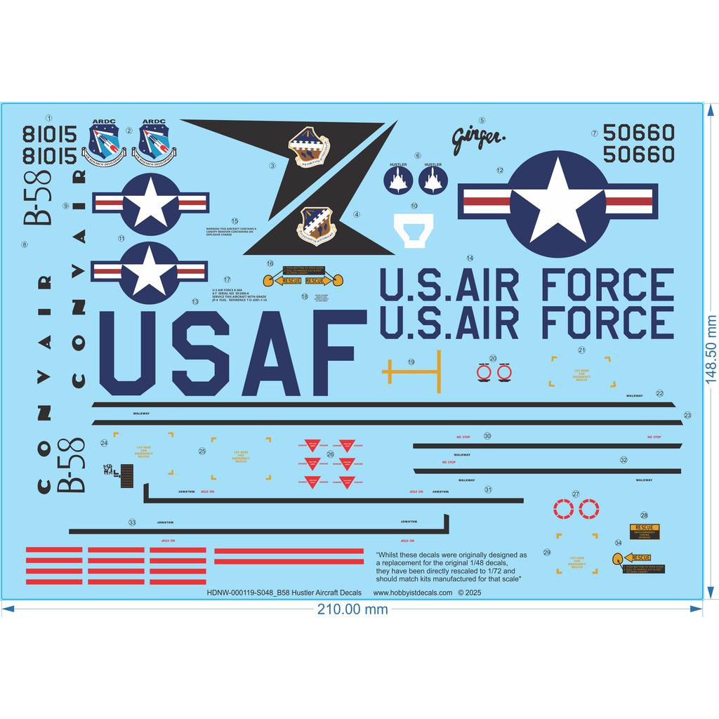 B58 Hustler Aircraft Decals - 1/48 -Water Decal