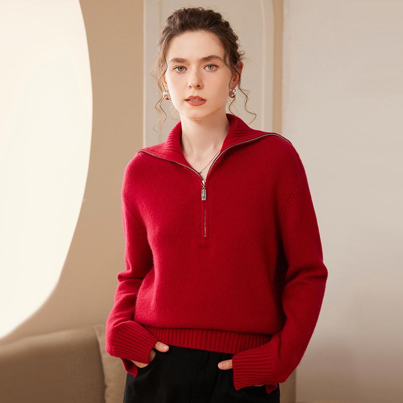 2024 Autumn Winter Women's Half-Zip Cashmere Knit Lapel Outerwear - Loose, Warm, Slimming Long Sleeve Korean Style