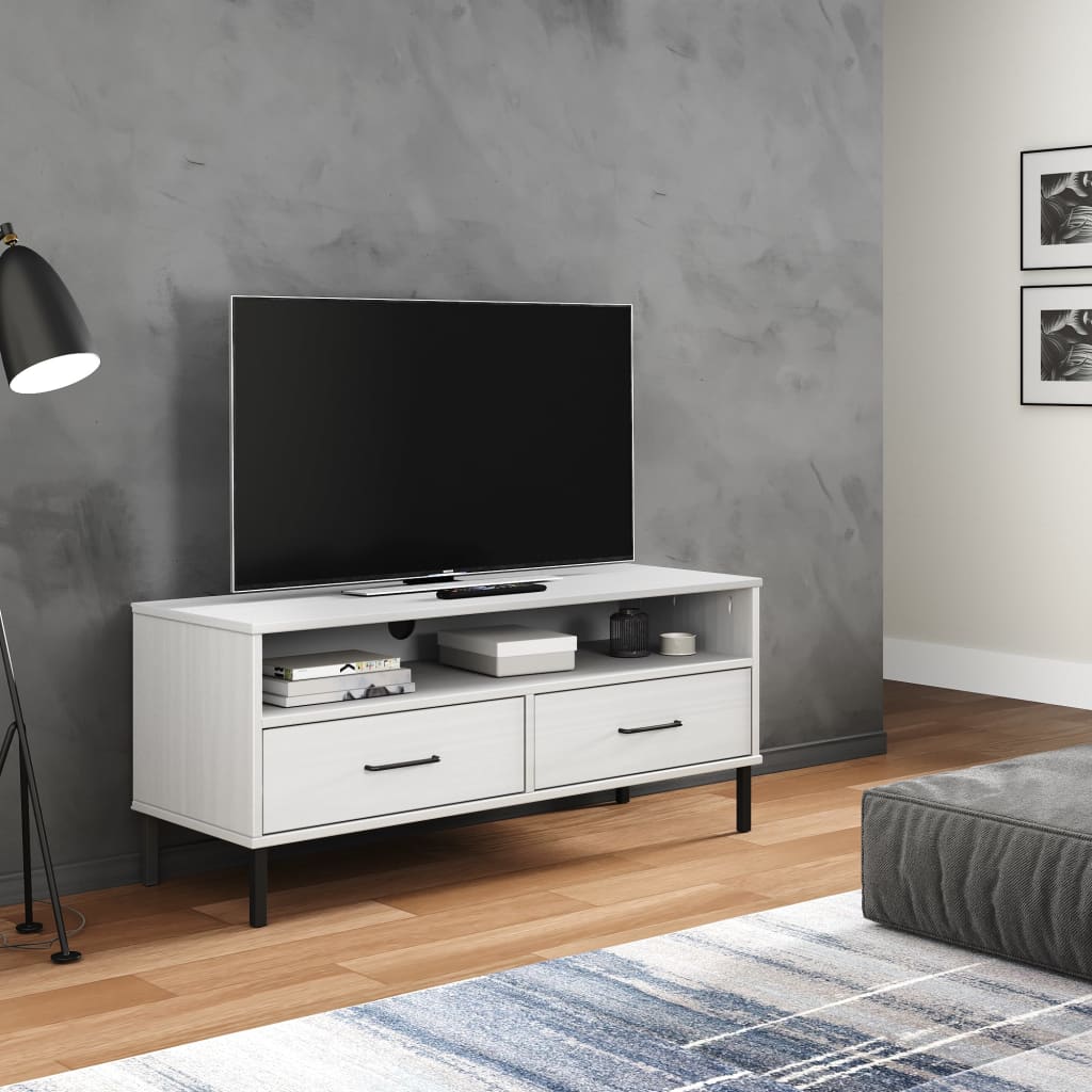 TV Stand OSLO with Metal Legs White Solid Pine Wood