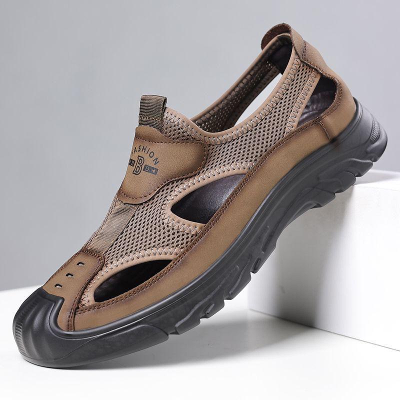 Мужские летние сандалии из натуральной кожи 2024 года с дышащей отделкой: Обувь Mesh для вождения, отдыха на природе, вброд и на пляже