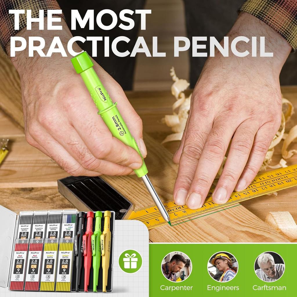 Nicpro 4 Pack CP3000 Carpenter Pencils with Sharpener, Mechanical Pencil Set with 76 Refills, Heavy Duty Construction Pencil, Carpenter Tools for