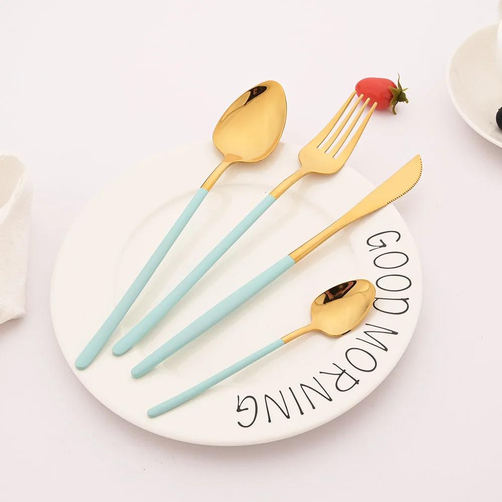 40Pcs Flatware Set Luxury Green Gold Cutlery Set Stainless Steel Dinnerware Fork Kitchen Knife Fork Coffee Spoon Tableware Set