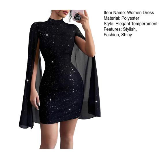 Yousheng Women's Cape Sleeve Dress Mock Neck Bodycon Mini Dress Sexy Shiny Chiffon Cloak Sleeve Cocktail Dress for Wedding Evening Party