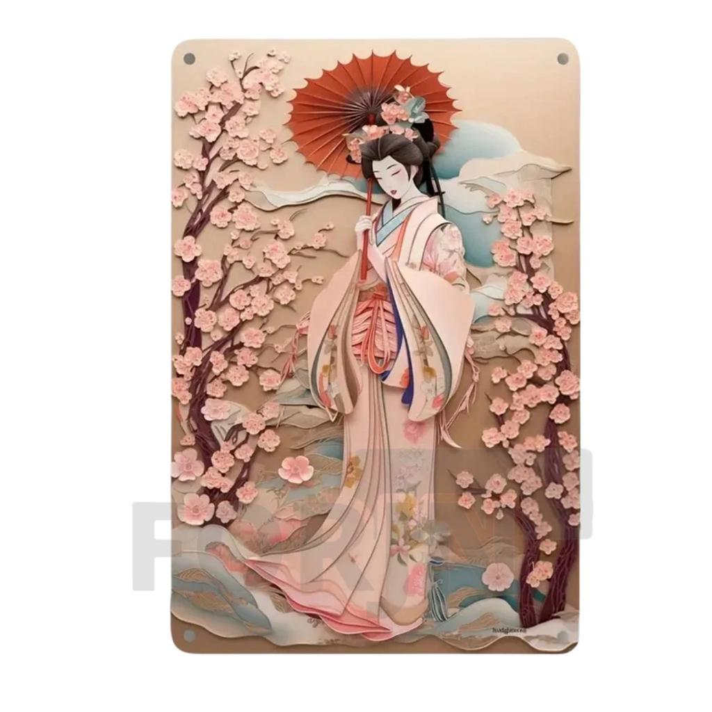 Японская гейша кимоно металлический знак, 2D элегантный японский постер с цветущей вишней, для дома, комнаты, офиса, идзакая, кафе, студии настенный декор