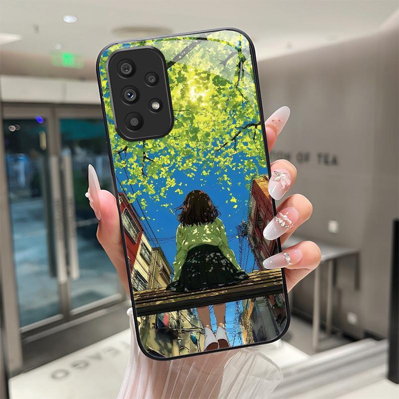 Cute Cartoon Cats Flower Case For Samsung Galaxy A52 A52S A72 4G 5G Tempered Glass Phone Case Protective Back Cover Hard Shell