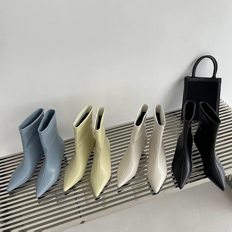 Модные женские ботильоны с острым носком, женские узкие короткие туфли на низком каблуке, туфли-лодочки для вечернего платья, зима-осень