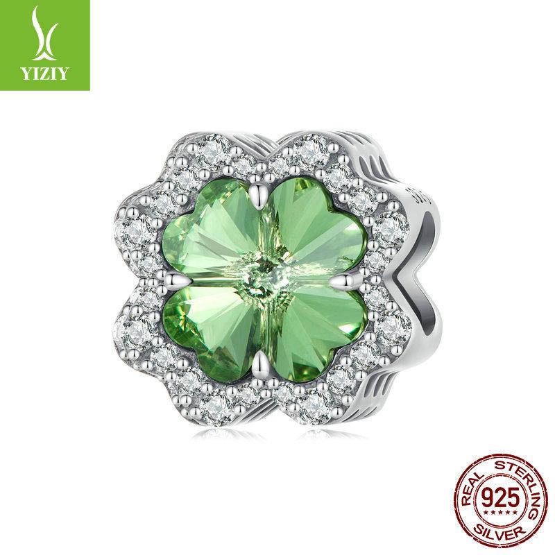 Simple Classic Green Four-Leaf Clover Diy Bracelet Beaded, Fashionable And Versatile S925 Sterling Silver Lucky Beads.