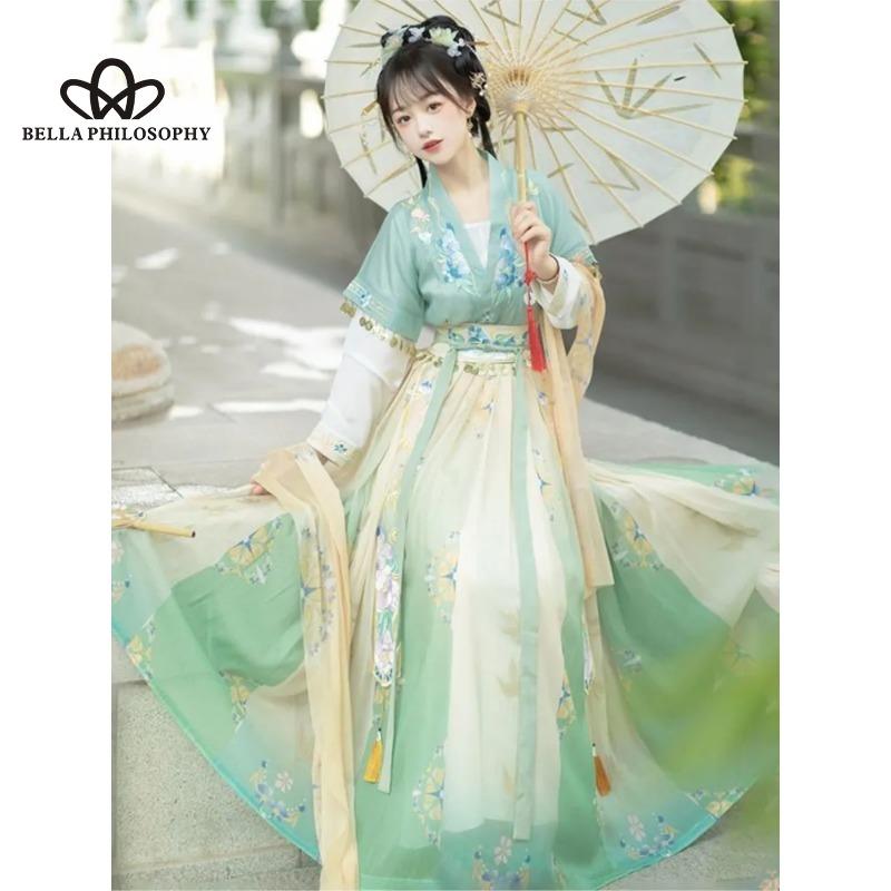 Новый китайский стиль, ретро, античный стиль, нежный оригинальный дизайн, платье Hanfu с длинными рукавами и принтом на талии