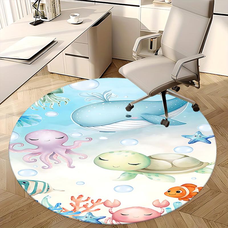 Underwater Adventure Chair Mat - Round Carpet for Home Decor, Office Use, and Gifts - Cute Ocean Animal Design Suitable for Bedrooms