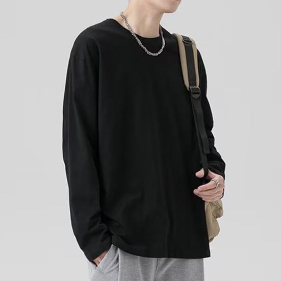 Men T-shirt Round Neck Long Sleeve Solid Color Pullover Tops Loose Fit Soft Breathable Tee Shirt Home Gym Street Wear