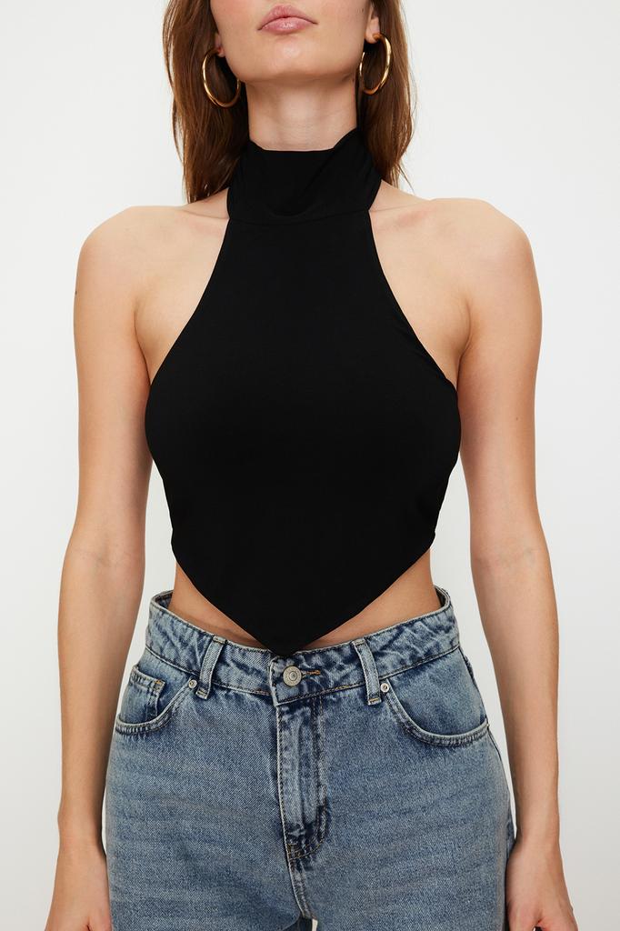 Women's Fashion New Blouse Black Stand Collar Crop Off Shoulder Knitted Blouse