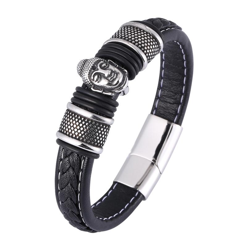 New Punk Men Jewelry Stainless Steel Buddha Head Bracelet Bangle Leather Bracelet Accessories