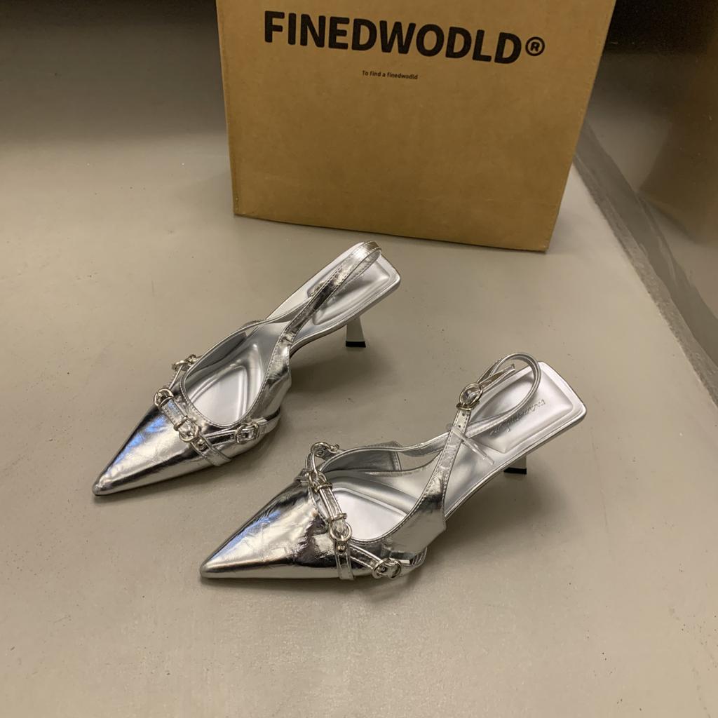 Босоножки на высоком каблуке Baotou с неглубоким ртом, весна 2025, новый задний носок, пустой тонкий каблук, темперамент, знаменитости, заостренные одинарные туфли, женская обувь