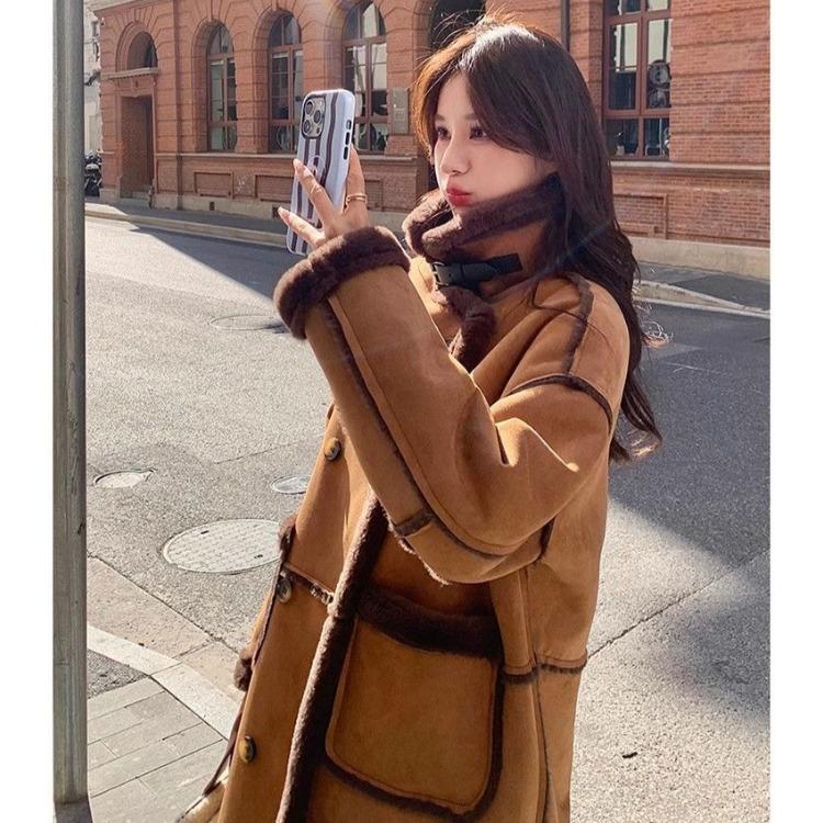 Korean Style Winter Lamb Fur Loose Coat for Women Thick Warm Long Fleece Lined Jacket