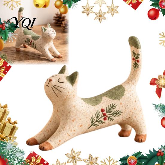 Creative Office Ornaments Woodland Christmas Cat Figurine, Resin Statue with Holly & Detailed Home Accents Pine Details, Rustic Holiday Tabletop Decor