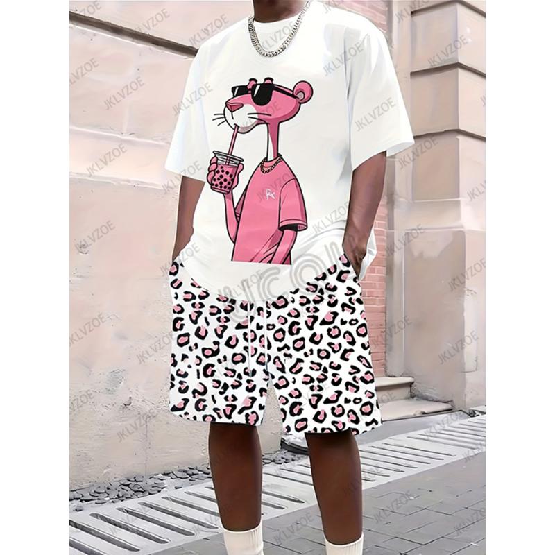 2025 Новый мужской спортивный костюм, комплект из 2 предметов, футболка с коротким рукавом Pink Panther, повседневный костюм, спортивная одежда, шорты, мужская одежда