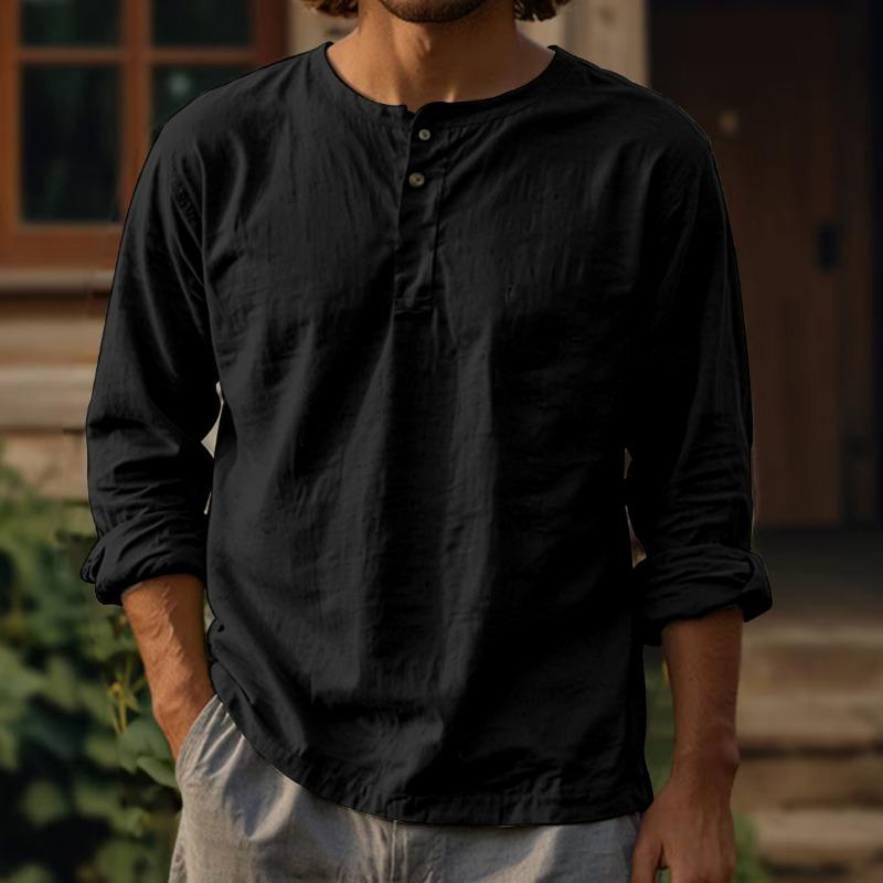 Мужская новая хлопково-льняная однотонная рубашка с длинным рукавом, футболка, круглый вырез, перекрестная застежка на пуговицы, две пуговицы, лен
