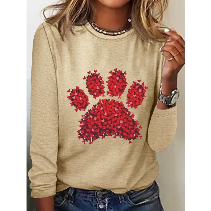 Round Neck 3D Printed Love Cat Footprint Pattern Top Fashionable Casual Long Sleeved Women's T-shirts