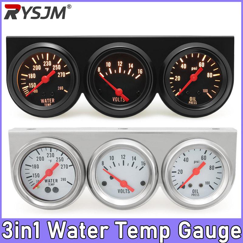 3in1 Water Temp Gauge With Sensor 52MM Oil Pressure Gauge Volt Meter 12V Kit Car Triple Gauge Car Modification Gauge Black/Chrom