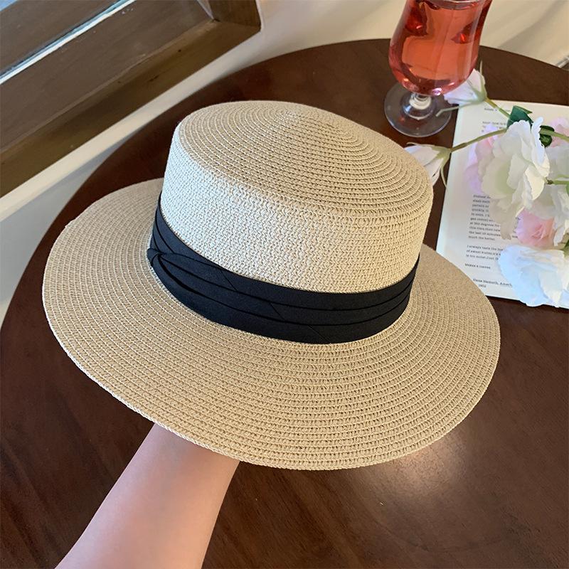 French-style flat-top straw hat for women, summer large head circumference seaside beach straw sun hat, sun protection hat