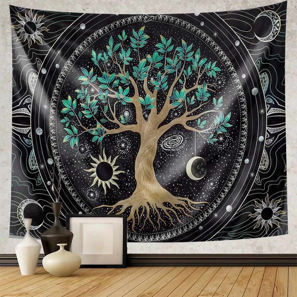 Зеленое древо жизни гобелен хиппи психоделическое солнце и луна настенное колдовство эстетическое украшение дома фон