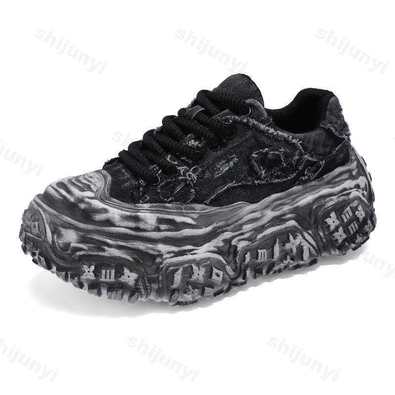 Модные нишевые джинсовые лоскутные дышащие повседневные мужские туфли 2025 весенний тренд моды обувь на толстой подошве удобные массивные кроссовки